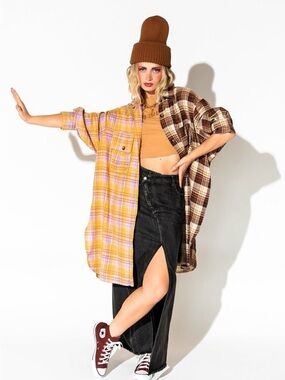 Zuri Oversized Grunge Flannel in Half and Half Yellow and Brow
